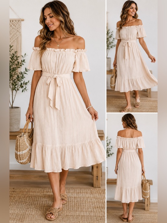 Lush Dresses & Skirts - Lush Soft Nude Off Shoulder Tie Waist Midi Dress Boho Romantic Size M